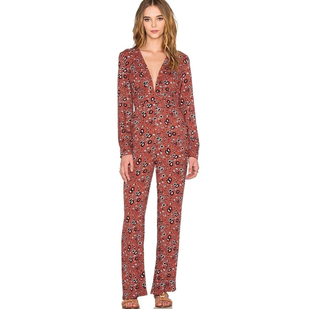 Free People Jumpsuit  Rust Combo Floral  Wide Leg Bohemian‎ Chic Cocktail Size 2